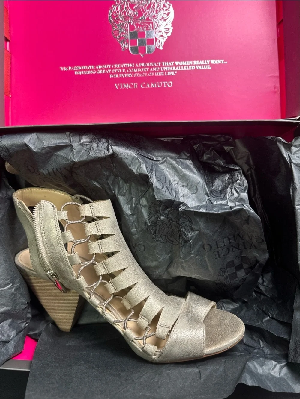 Vince Camuto Distressed Gold Strappy Peep-Toe Zipper Side Women’s Heels